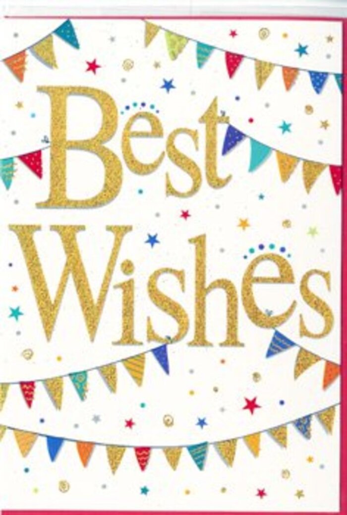 This Best Wishes card feels like a quiet burst of celebration, the sort of elegant cheer you might associate with a sunny weekend stroll through Richmond Park followed by coffee on a nearby terrace. The canvas is an immaculate white, lending the card a modern, uncluttered feel that allows every decorative element to stand out clearly. In the centre, the greeting Best Wishes is rendered in lavish gold script, each stroke of the cursive lettering slightly raised to create a subtle shadow and a distinctly tactile quality. The gold surface looks almost brushed, with a gentle shimmer that catches the light in soft flickers, reminiscent of sunset reflections across the water by Richmond Bridge. Curving around this message are lines of bunting, drawn in graceful arcs that echo the easy curve of the river. Each tiny triangular flag is individually coloured and patterned, with deep sapphire blues, bright scarlet reds, sunshine yellows, fresh grassy greens, and lively teals. Some flags are dotted, others striped, and a few display more intricate geometric mosaics, giving the impression that this is a carefully crafted piece of design rather than a mass of repeated shapes. Between and around the bunting strings and golden words are small stars and round confetti dots in the same palette, deliberately scattered to suggest movement and the echo of a festive cheer. The generous use of white space keeps the card feeling airy and contemporary, avoiding any sense of clutter. This design would suit many moments of congratulations-a new baby welcomed into a home off Kew Road, a promotion celebrated after a commute from Richmond station, or the keys to a first flat near the Green. It carries warmth and pride in equal measure, like a heartfelt hug captured in card form, ready to be slipped into a bouquet or handed over with a smile.