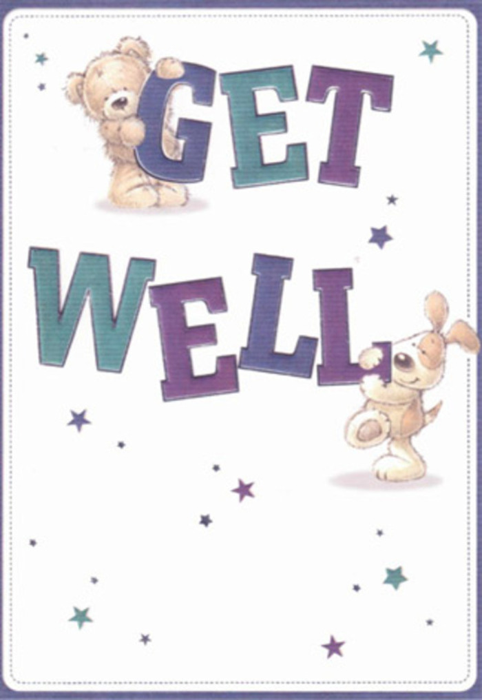 The spirit of comfort and companionship is celebrated in this illustrated get well card, where two whimsical friends-a shaggy bear and a sprightly puppy-anchor an exuberant 'Get Well' message. Their forms, rounded and expressive, are arranged beneath a scattering of blue and purple stars, echoing the magical evenings along the Riverside Walk. The rich indigo and fresh teal of the bold lettering evoke a refreshing sense of tranquility, just like the flower beds near Richmond Park. Textures abound: the bear's fluffiness, the puppy's soft ears, all captured with artist's care. The card's snowy background provides a feeling of clarity and openness, offering a gentle nudge of hope to anyone feeling under the weather. As a florist in TW9, I notice the same attention to comfort and detail as in bouquets lovingly crafted for delivery around Richmond Hill. Together, the affectionate animal friends, magical stars, and reassuring colours turn a simple message into a radiant promise of brighter days.