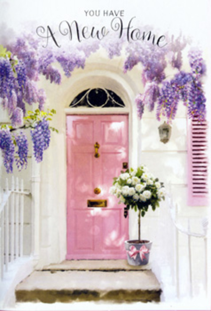 The composition centres on a charming, painterly doorway that could sit comfortably among the characterful Richmond townhouses near Richmond Hill, its pastel palette and florals capturing a sense of calm celebration. The door itself is painted a muted pink, somewhere between rose and blush, with simple vertical panels that catch slanting light and create subtle bands of illumination. Wisteria, its branches brimming with blossoms, spills in abundant curtains from above, trailing in arcs of lavender, lilac, and soft mauve. The flower clusters hang in cascading chains, some brushing the top of the doorframe, others stretching outwards in a halo that softens the crisp lines of the architecture. The walls around the doorway are whitewashed and lightly weathered, suggesting a home that has been loved and lived in. A matching pink shutter rests to one side, thrown back against the wall, adding balance and reinforcing the gentle colour story. On the doorstep, a simple grey bucket takes pride of place, acting as a vessel for a lovingly crafted floral arrangement. It brims with velvety white and cream roses, their petals unfurling into generous, cup-shaped blooms. Each rose appears to be carefully turned so that its heart is visible, revealing the intricate spiral at the centre. Among the roses, soft green foliage peeks through, adding volume, shape, and a touch of verdant contrast. Circling the base of the bucket is a length of blush ribbon, tied into an easy bow whose ends fall loosely across the stone step. The feeling is of an intimate, thoughtful gesture-a florist's way of saying welcome home or congratulations on your new place to someone settling into life in Richmond, with flowers acting as the first warm greeting at the door.