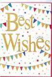 The congratulations card depicted here has a bright, confident charm that suits the relaxed yet polished character of Richmond. The base is a smooth, pure white, creating a calm stage for the decorative elements to sing without distraction. Standing proudly in the middle are the words Best Wishes, written in ornate gold calligraphy that curls and loops with an assured hand. The letters are embossed and lightly glittered, so they gleam when the card tilts, almost like tiny flashes of light along the Thames on a clear afternoon. Embracing this message are two or more strands of bunting, draped in soft arcs across the top and bottom of the card, evoking the festive feel of street fairs and local celebrations near Richmond Green. Each small flag is rendered in saturated colour-royal blue, crimson, lime, lemon, aquamarine, and violet-and adorned with playful patterns such as tidy stripes, jaunty polka dots, and tiny repeating shapes. These bunting lines lead the eye around the design, creating an easy sense of flow and rhythm. Dotted throughout the remaining white space are miniature star shapes and sprinklings of confetti-like circles, in many of the same hues as the flags. They appear almost weightless, as if suspended mid-fall at the exact moment someone shouts with joy. The composition is lively yet controlled, leaving enough blank space to feel sophisticated. It's the kind of card that pairs naturally with a bouquet delivered to mark a promotion in an office close to Richmond station, an engagement party by the riverside, or a new chapter beginning in a flat near Richmond Hill. The overall emotion is one of genuine, heartfelt congratulations, sent with warmth and a sense of shared celebration.